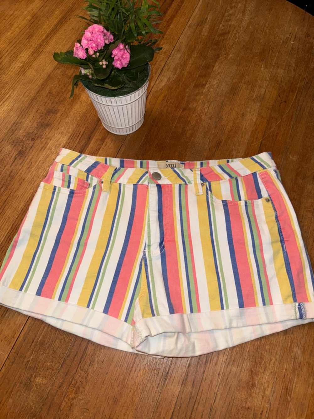 YMI Multicolor Vertical Stripe Denim Shorts - Pink, Yellow, Blue, Green, White
